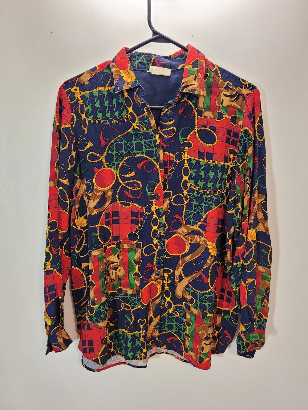 Vintage Baroque Style Chains Dogs Print Button Down Multicolored Blouse - L